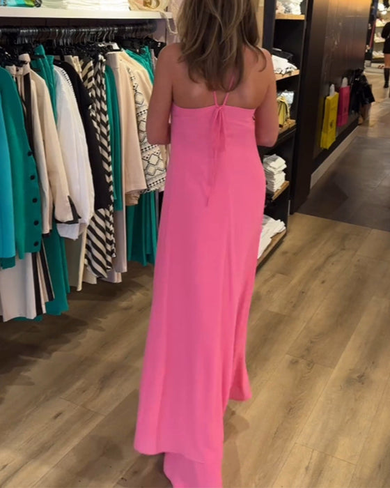 Halter neck slit solid color two piece set