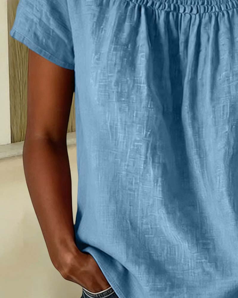 Square Neck Shirred Short Sleeve Blouse
