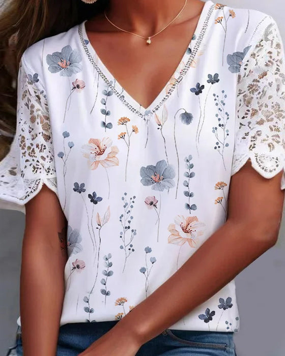 Lace-patched and printed blouse