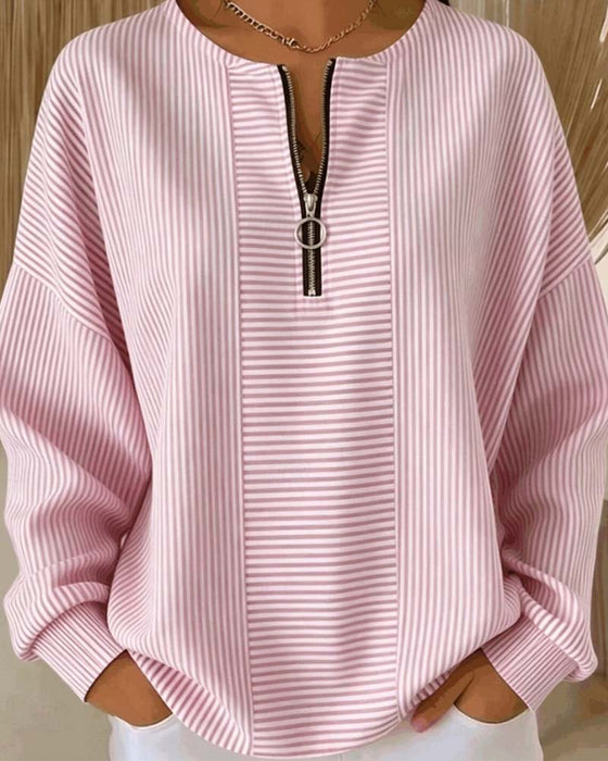 Half-Zip Long-Sleeve Striped Blouse