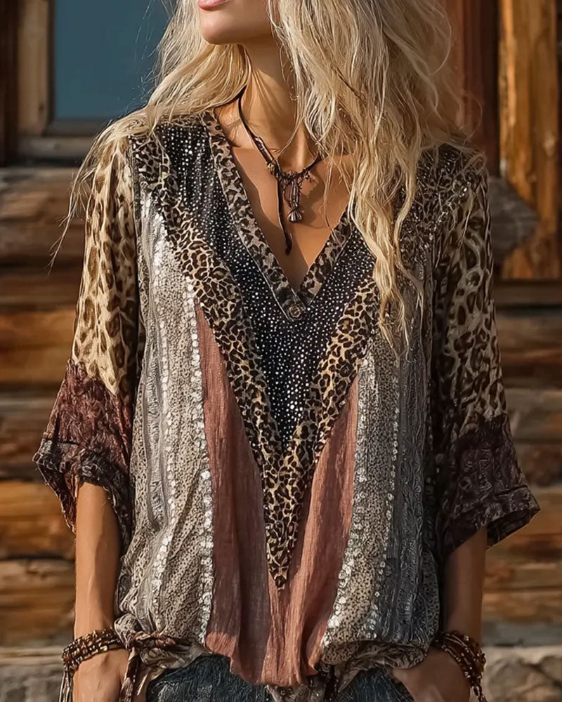 Leopard Patchwork V-Neck Print Blouse