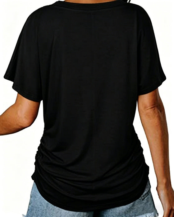 Pleated Solid Color V-Neck T-Shirt