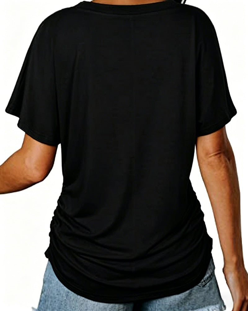 Pleated Solid Color V-Neck T-Shirt