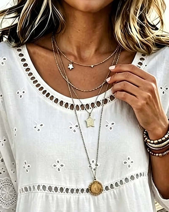 Crew Neck Hollow Out Solid Blouse