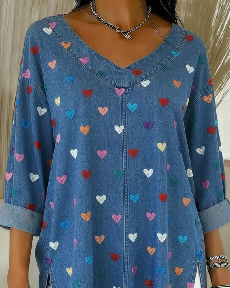 Heart Print Denim V-Neck Top