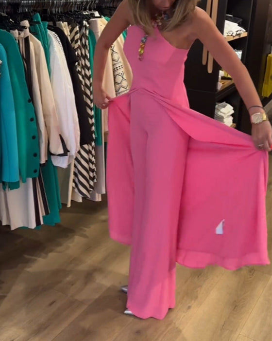 Halter neck slit solid color two piece set