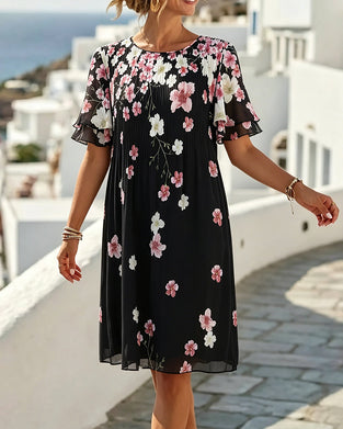 Ruffle Short Sleeve Floral Pleated Dress