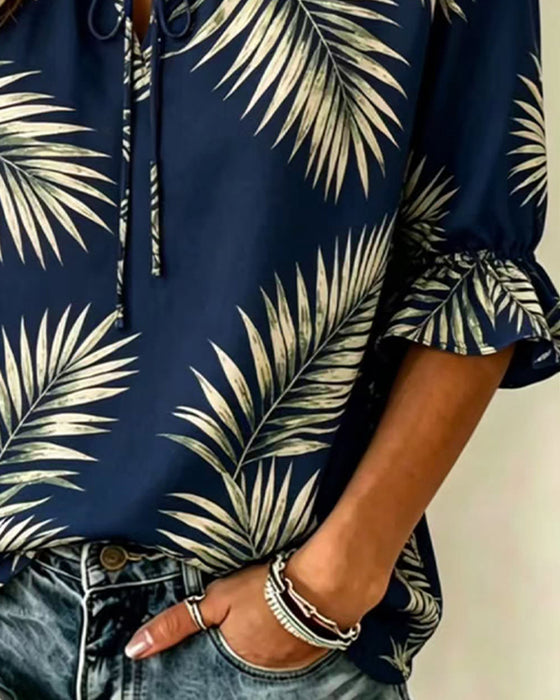 Leaf Print Tie Blouse