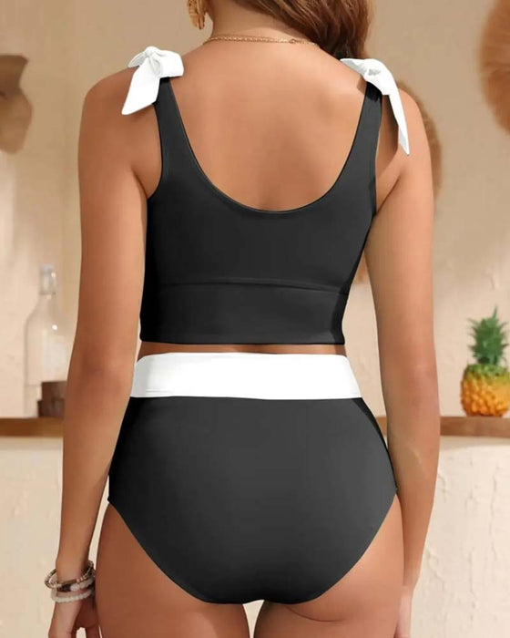 Bow U-Neck Color Block Fashion Bikini