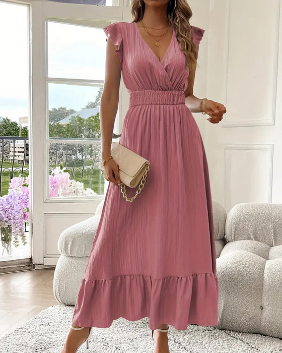V-Neck Solid Color Waist Slim Dress