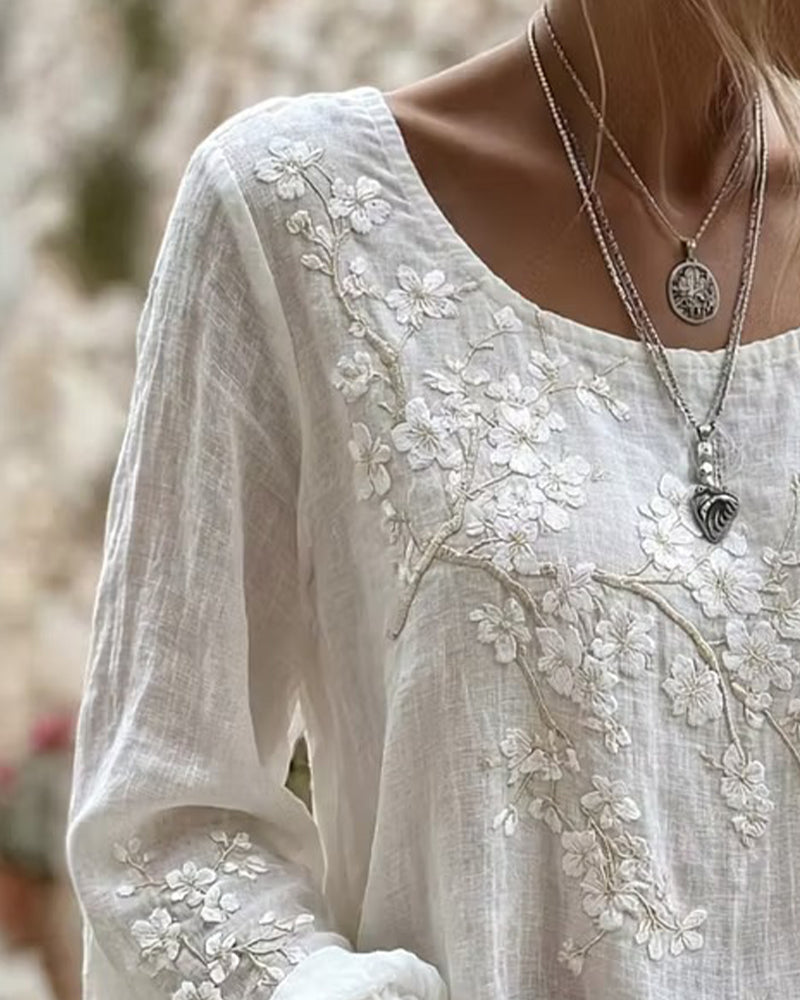 Textured Cherry Blossom Embroidered Crew Neck Blouse