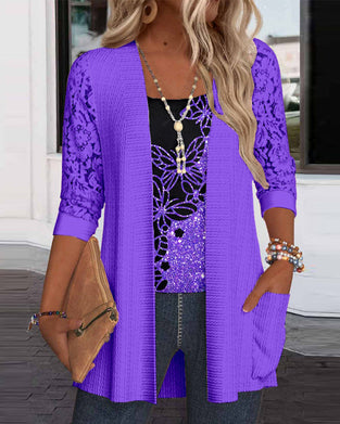 Casual butterfly lace patchwork pocket top