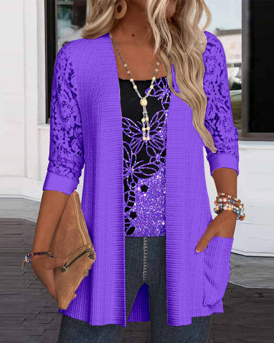 Casual butterfly lace patchwork pocket top