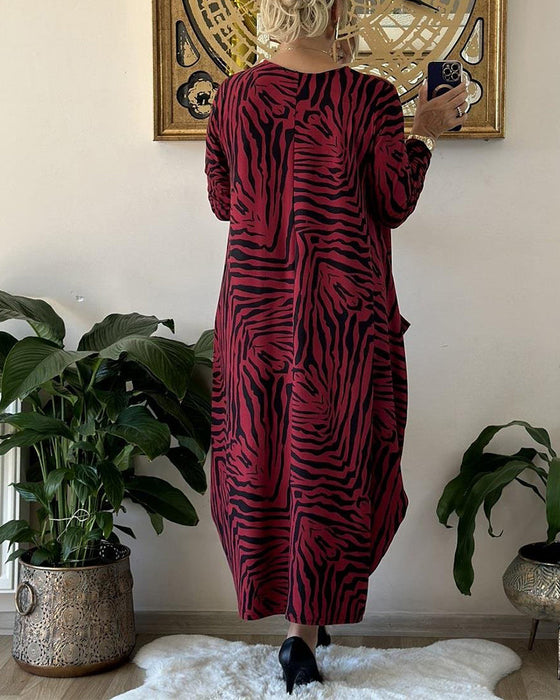 Fashion Loose Shift Dress with Print and Pocket