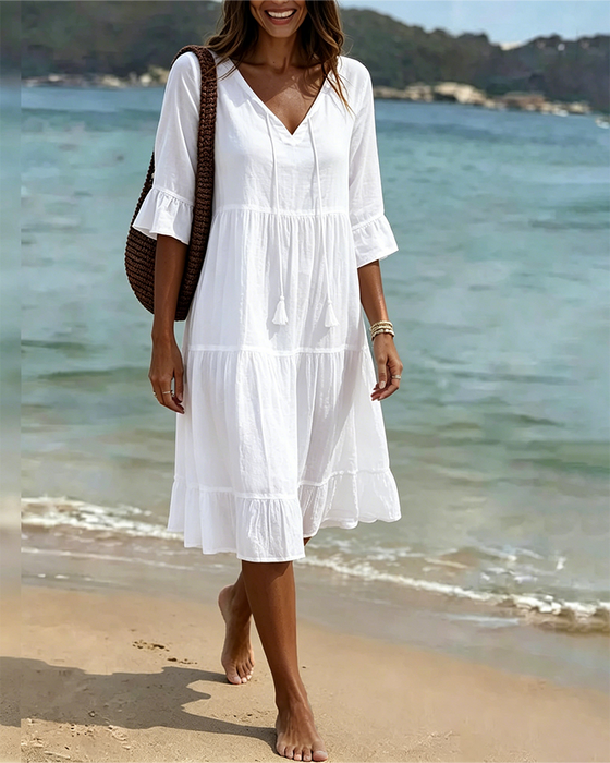 Flared Half Sleeve Tie Waist Dress