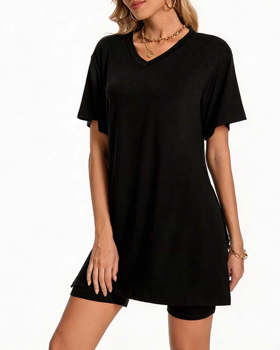 V-Neck Side Split Short Sleeve Set