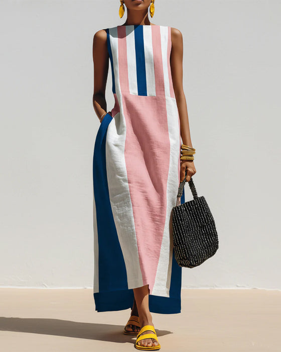 Crew Neck Color Block Vertical Stripe Sleeveless Dress