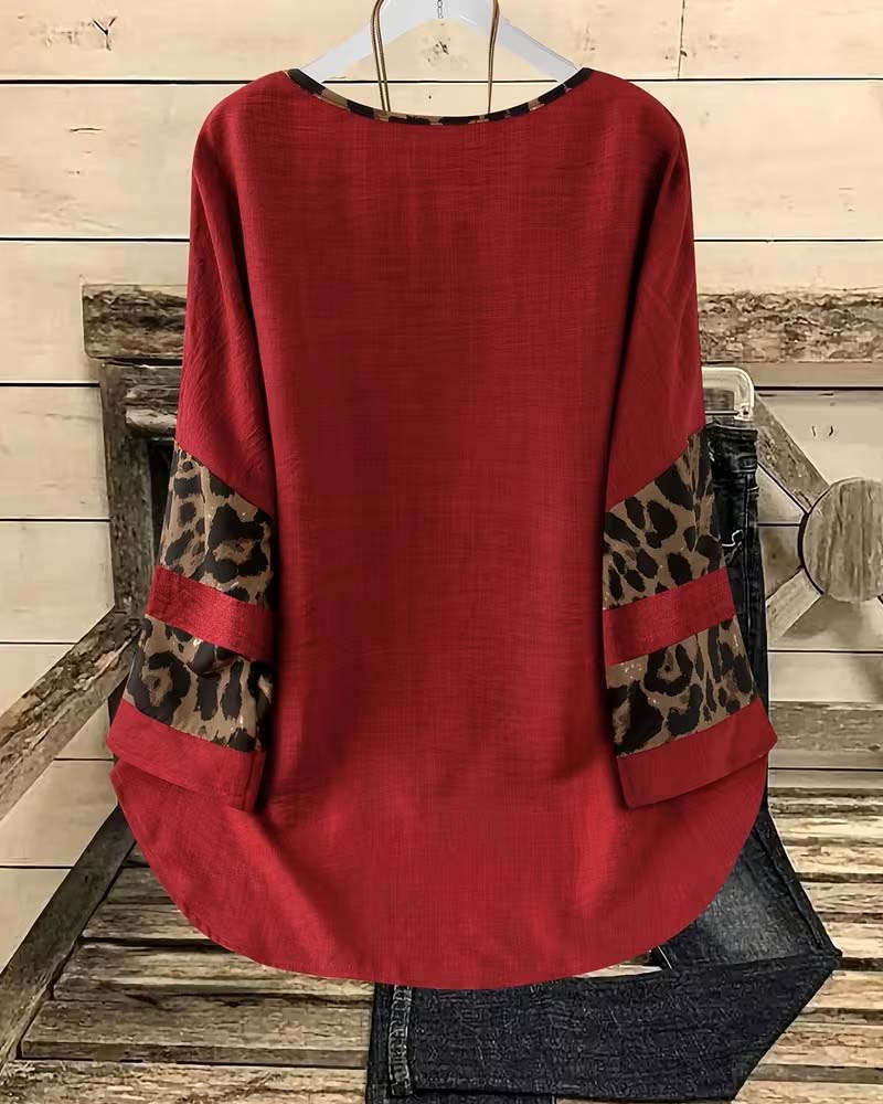 Crew Neck Leopard Color-Block Top