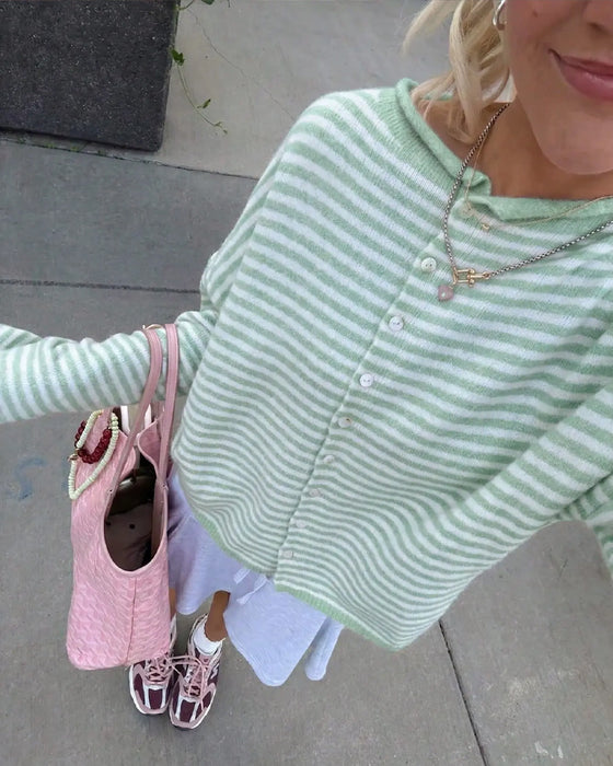 Crew Neck Button Front Striped Pullover