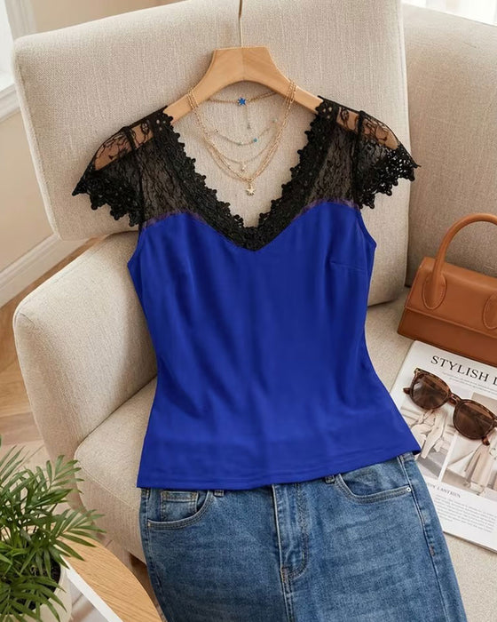V-Neck Lace Patchwork Slim Fit T-Shirt