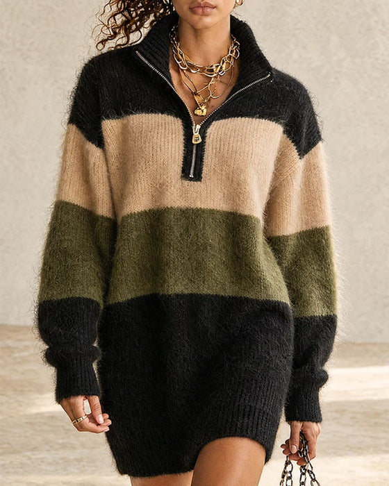 Color Block Half Zip Turtleneck Long Sweater Dress