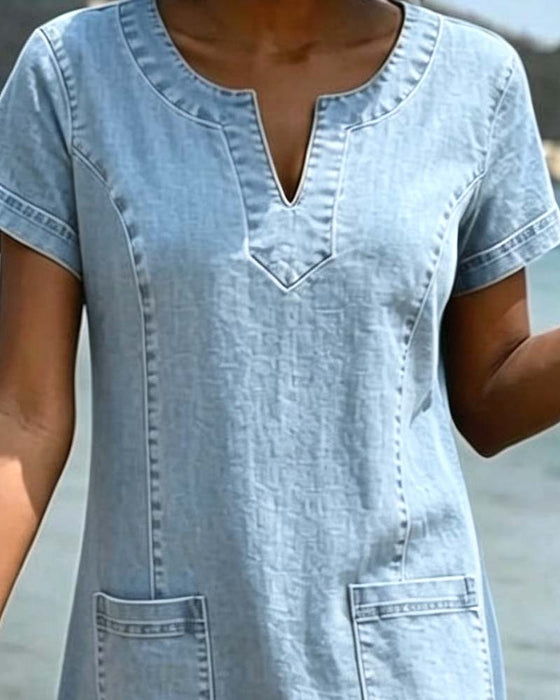 Relaxed Sheath Pocket Small V-Neck Dress