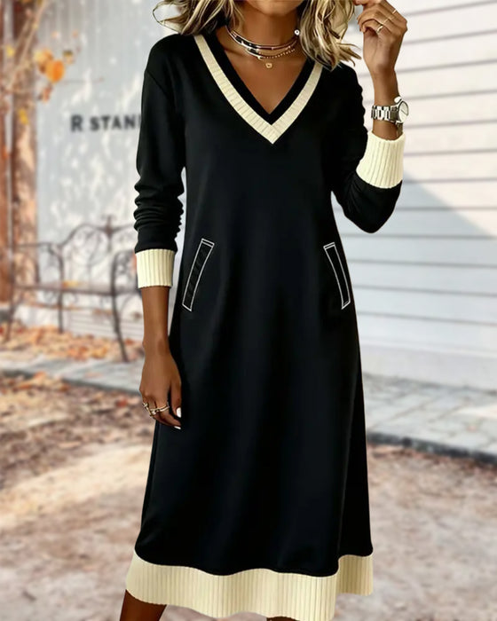 Long-Sleeved V-Neck Contrast Knit Dress