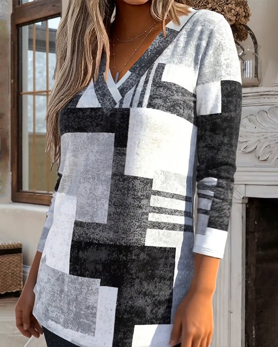 Geometric Print Long Sleeve V-Neck Top