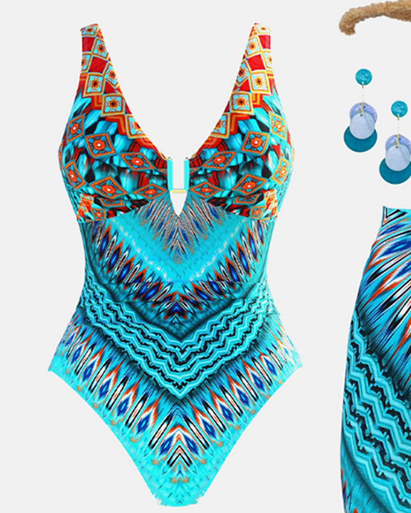 Ethnic Print One-Piece Swimsuit And Cover-Up Set