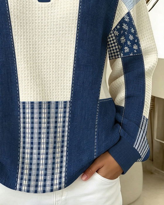 Crew Neck Button Floral Plaid Sweatshirt