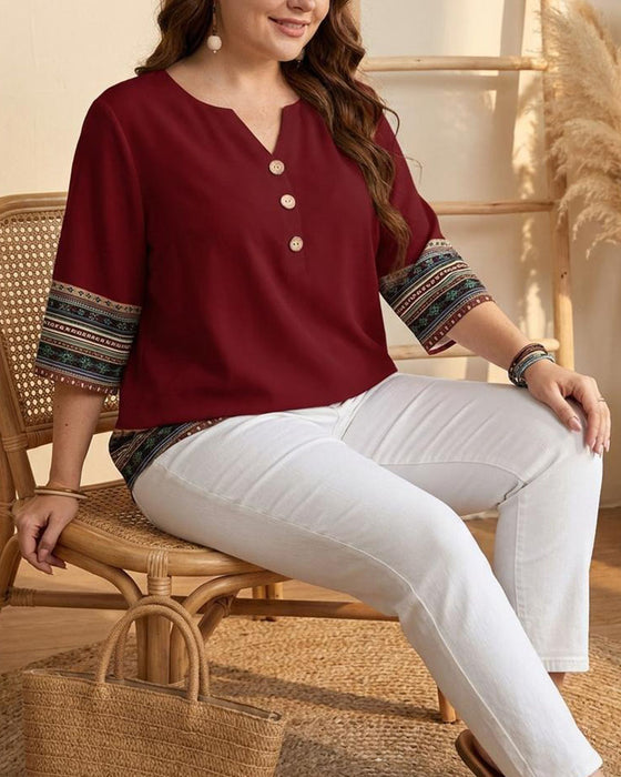 Ethnic-Style Striped Three-Quarter Sleeve Blouse