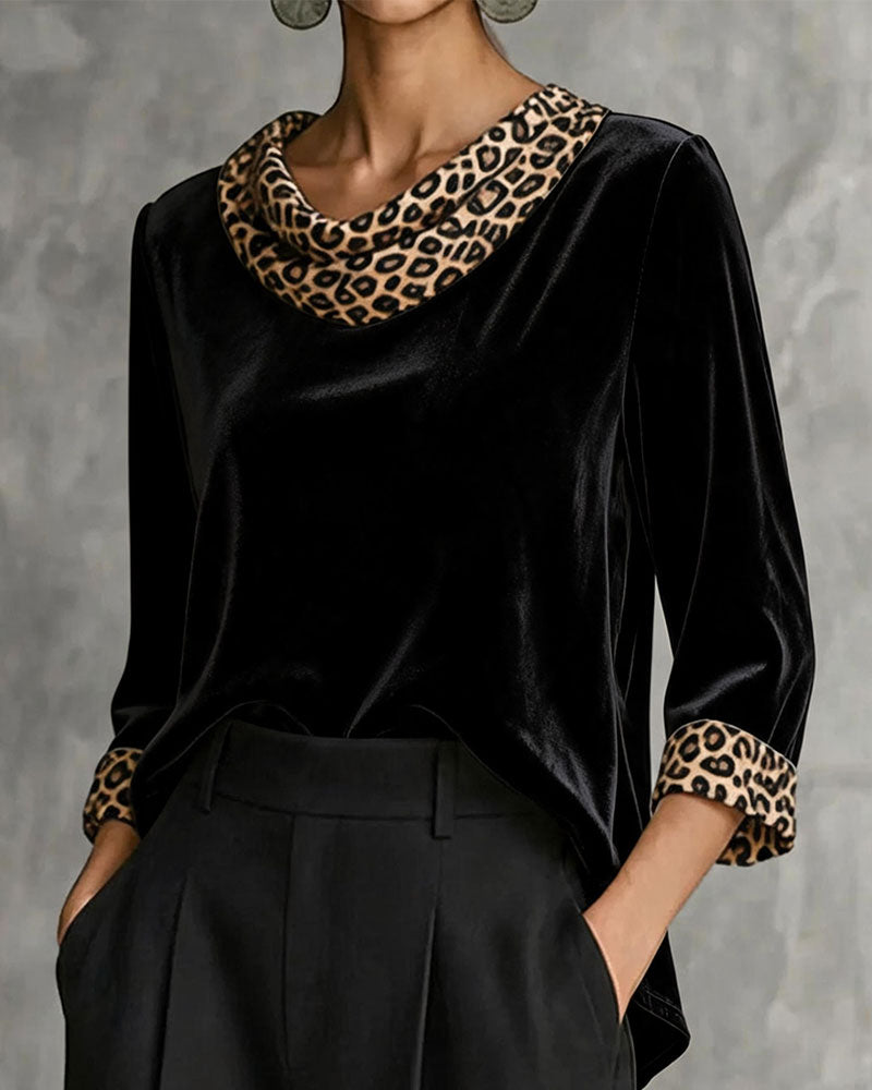 Leopard Trim Mock Neck Velvet Top