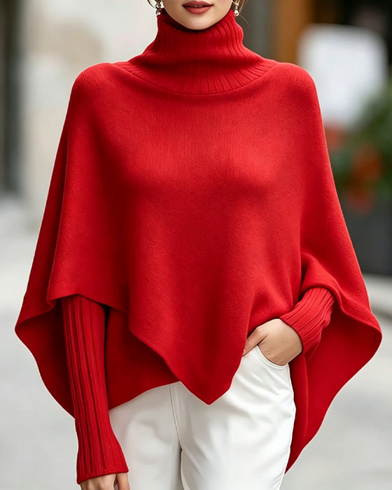 High Neck Asymmetric Poncho Style Pullover