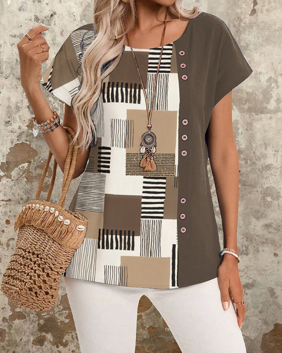 Geometric Print Striped T-Shirt