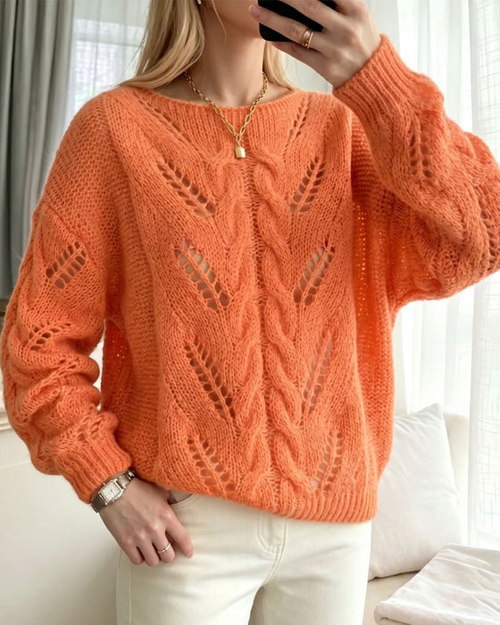 Crew Neck Drop Shoulder Cutout Solid Knit Pullover