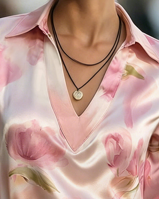 Lapel V-Neck Floral Print Long Sleeve Blouse