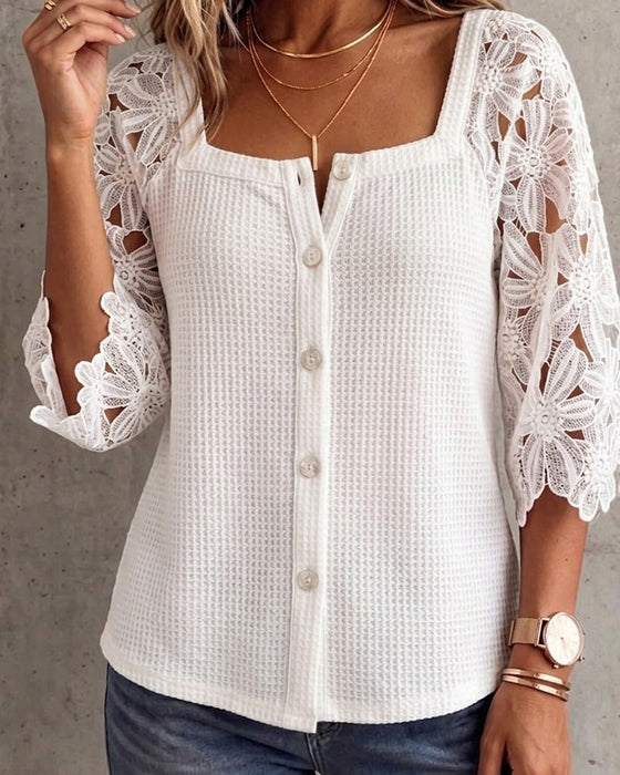 Lace Panel Waffle-Knit Button-Front Blouse