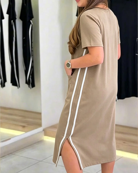 Side White Stripe Pocket Straight Dress