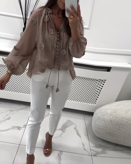 Solid Color 3D Floral Lace-Up Blouse