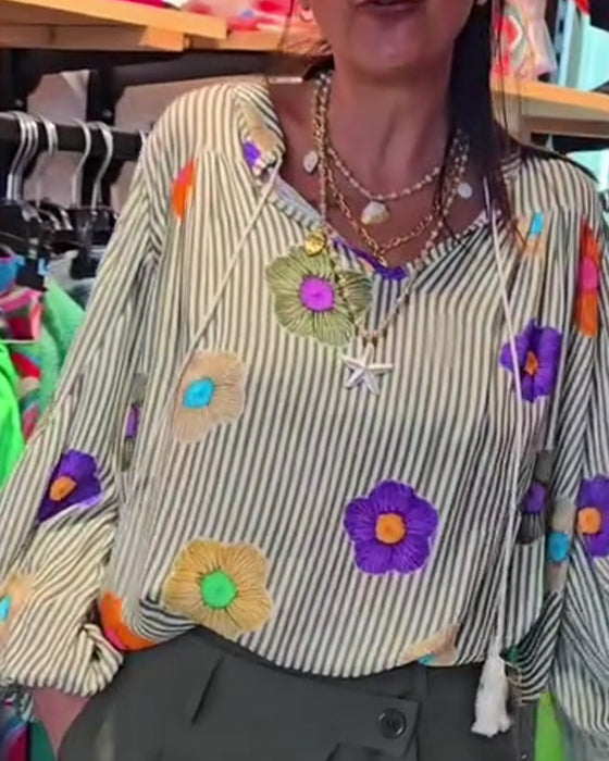 Stripe Floral Tie Blouses