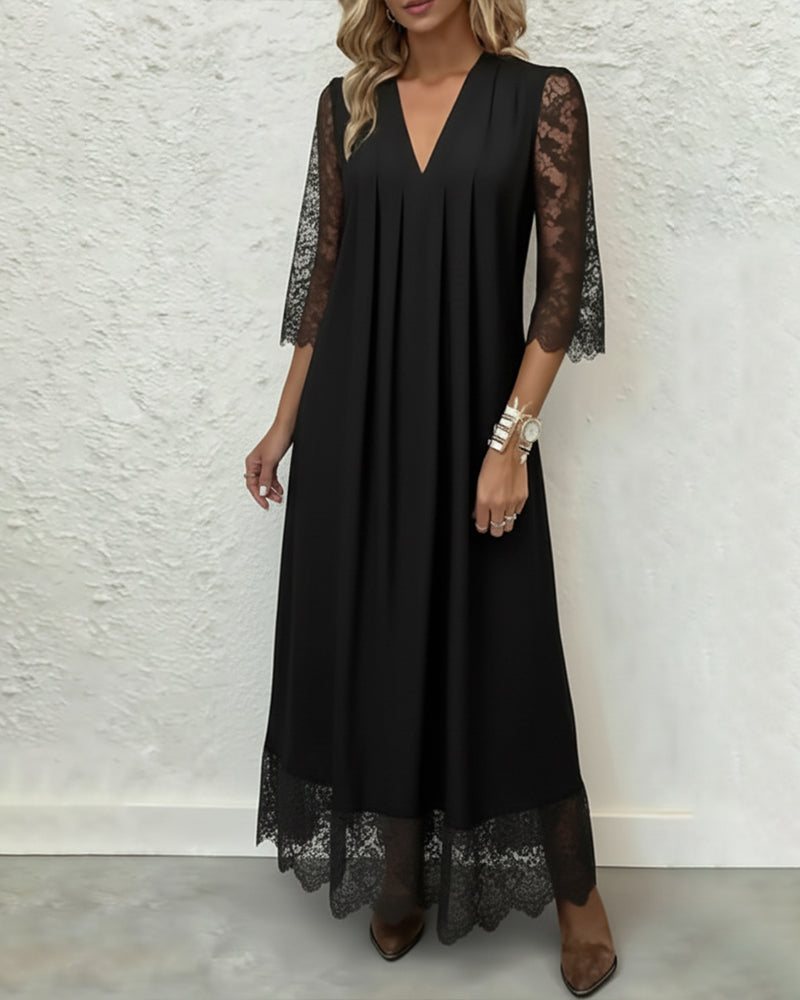 Lace V - Neck Pleated Dress