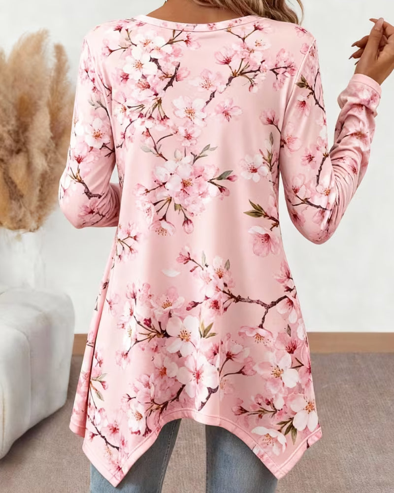 Crew Neck Floral Long Sleeve Blouse