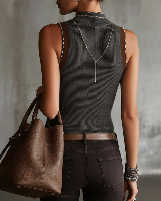 Half Turtleneck Sleeveless Knitted Tank Top