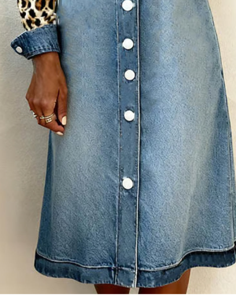 Shirt Collar Leopard Patchwork Dress