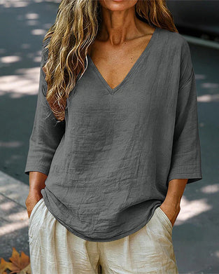 Drop-Shoulder V-Neck Three-Quarter Sleeve Blouse