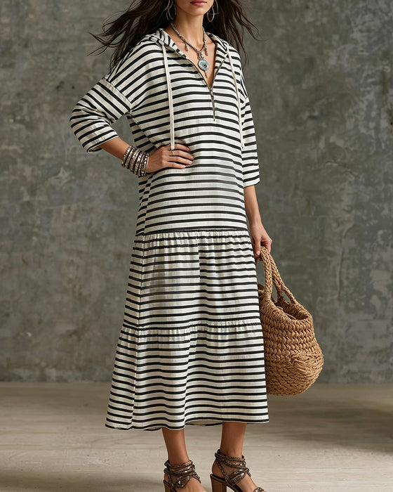Zipper Hoodie Striped Tiered Dress