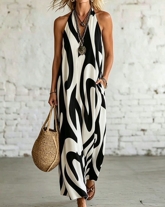 V-Neck Sleeveless Geometric Pattern Dress