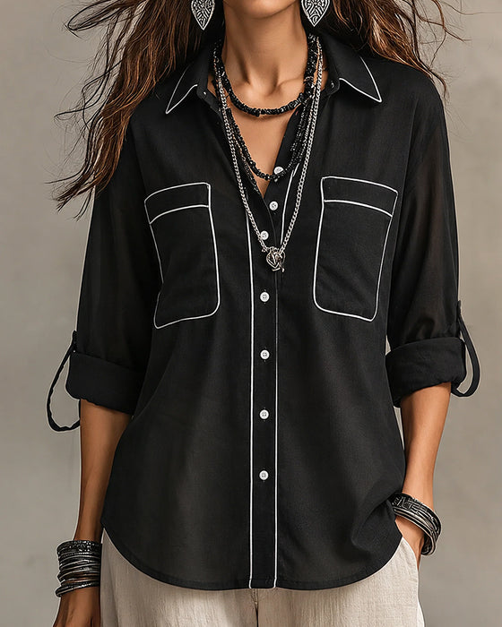 V-Neck Contrast Line Relaxed Shirt