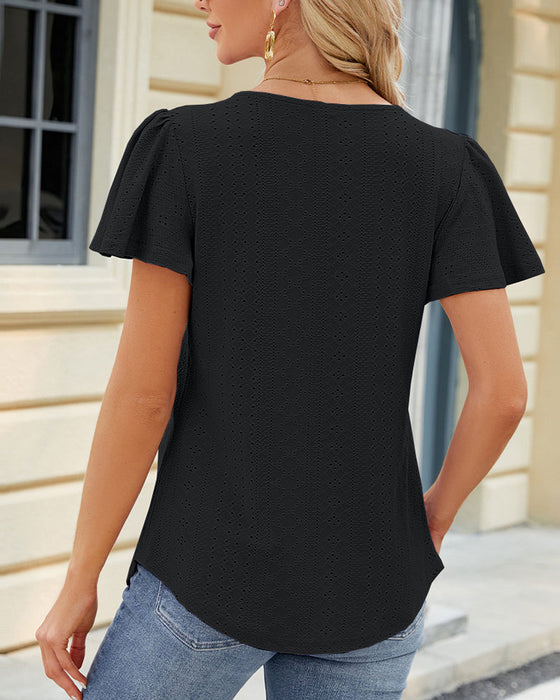 Square neck pleated short sleeve top