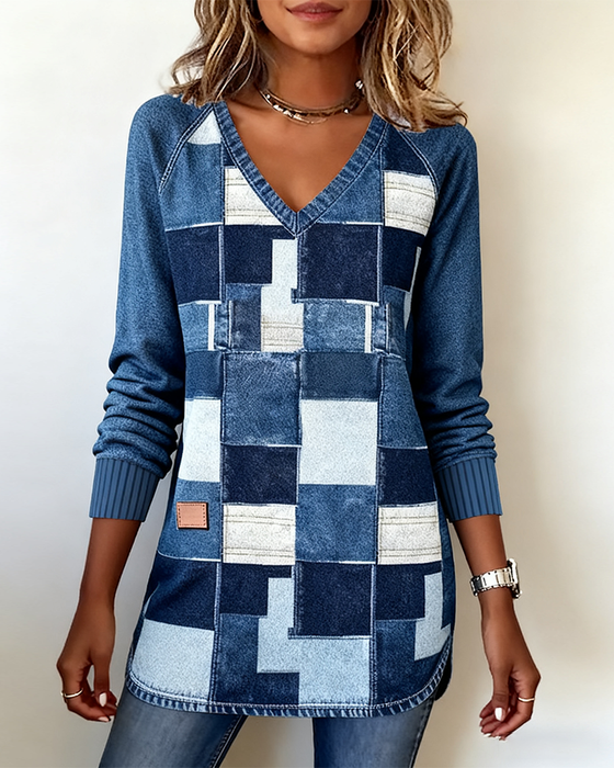 V-Neck Retro Print Slit Top